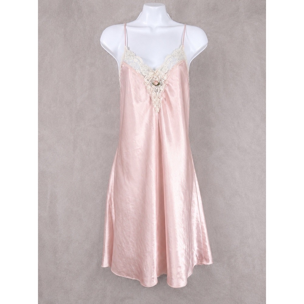 Vintage Nightgown Womens Medium Pink Satin Lace Trim Coquette Slip Lingerie